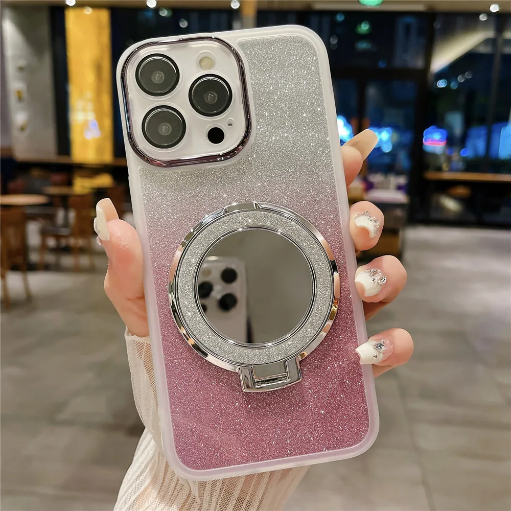 Spiegelständerhalter Glitzerhülle für iPhone 17 Air 16 15 14 13 Pro Max 16E 14 15 16 Plus Soft Bracket Bling Transparente Abdeckung