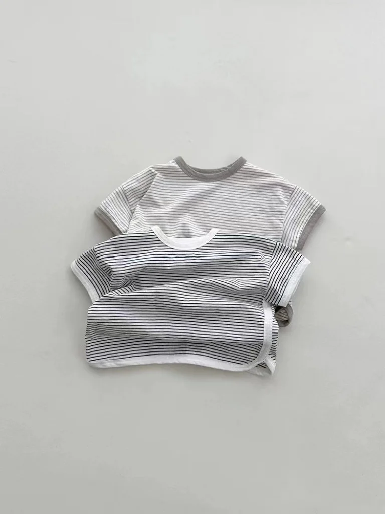 2024 Summer New Baby Short Sleeve Striped T Shirts Infant Boy Girl Fashion Versatile Cotton Tops Toddler Casual Breathable Tees