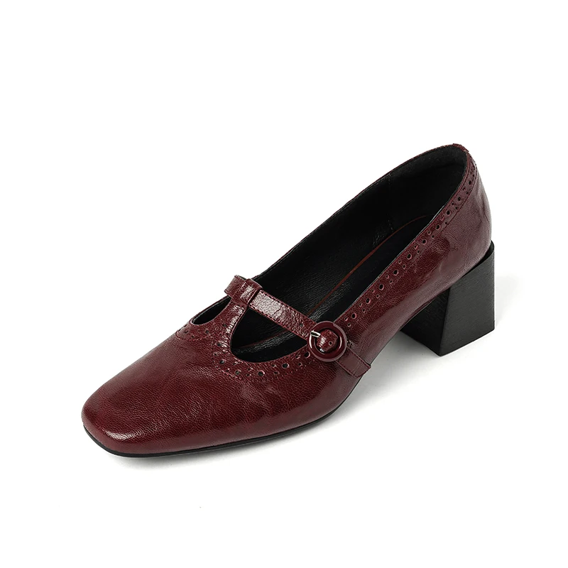 Womens Pumps Sheepskin Retro Mary Jane French Style T- Strap Ladies Shoes Spring Atumn Dress Red Pumps Simple Shoes Block Heel