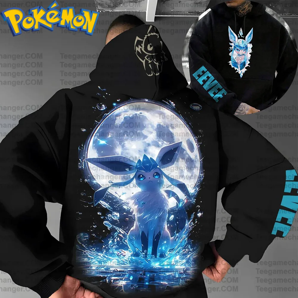 ポケモンアニメイーブイコットンパーカー原宿パンツセットブラックキャラクタープリントブルーウォーターオーラムーン背景ツーピース
