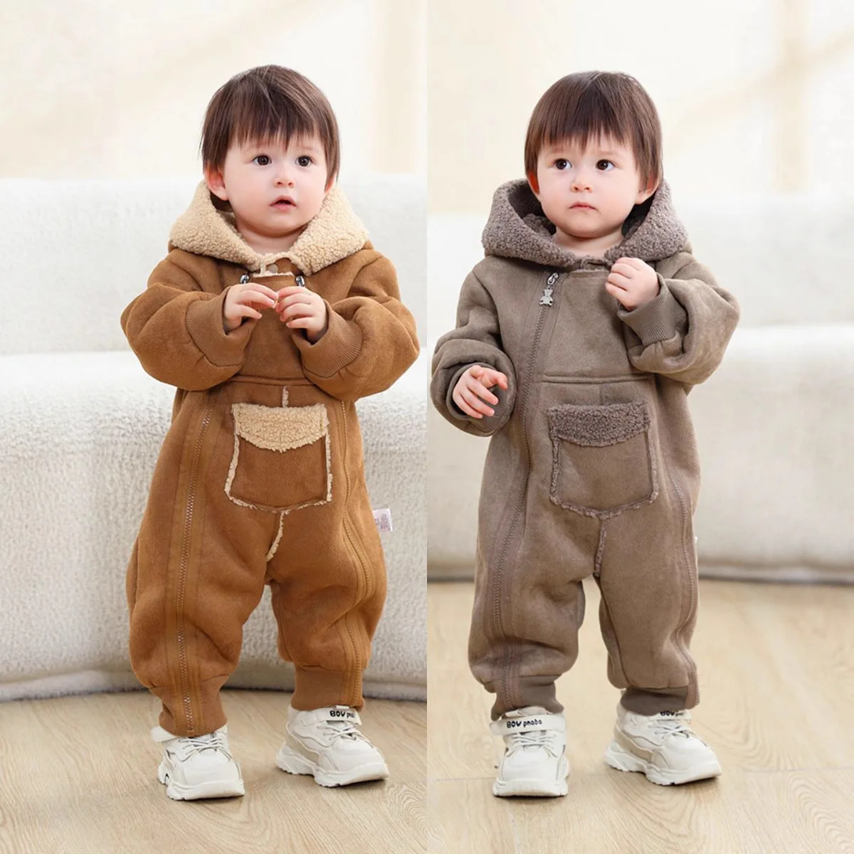 

2025 Winter New Baby Plus Velvet Thick Hooded Romper Newborn Clothes Infant Boy Girl Long Sleeve Fleece Warm Jumpsuit 0-24M