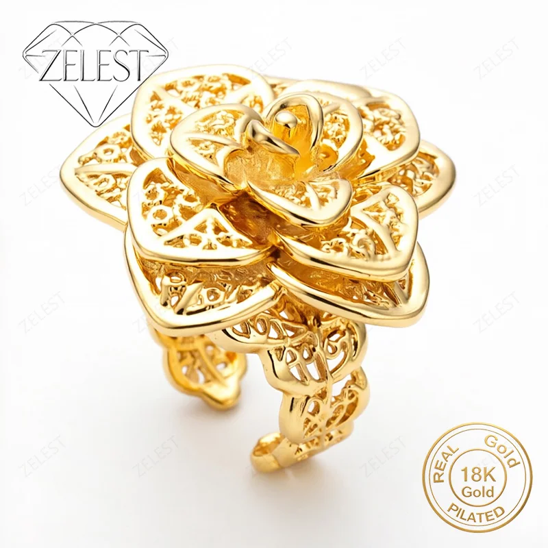 Exquisite 925 Silver 18K Gold-Plated Multi-Layer Openwork Flower Ring – Stylish Wedding Jewelry for Women
