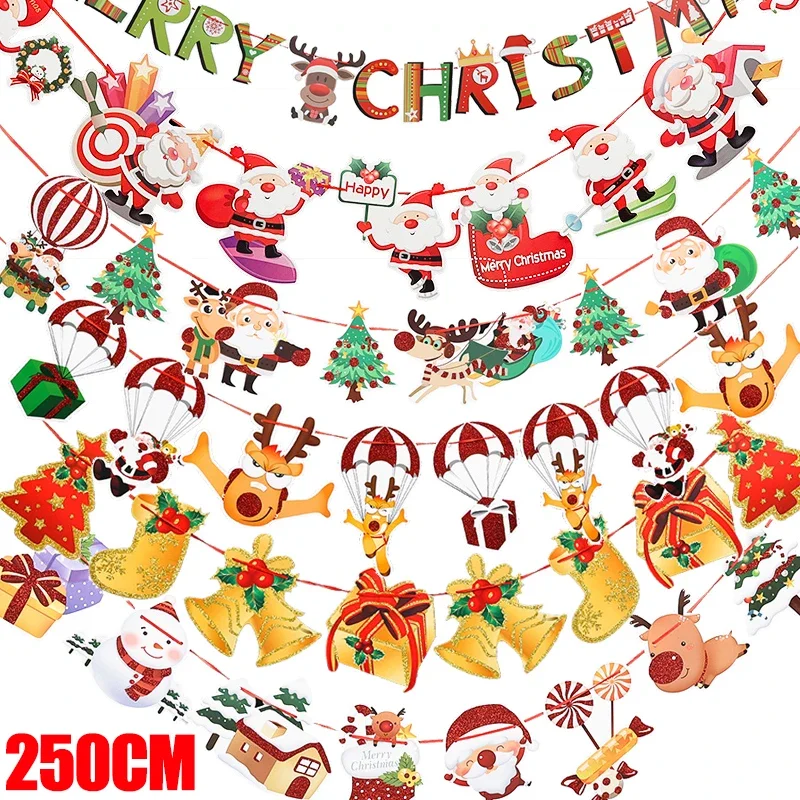 Merry Christmas Paper Banner Santa Claus Snowman Elk Hanging Flags Garland Xmas Tree Decoration Banner New Year Party Supplies