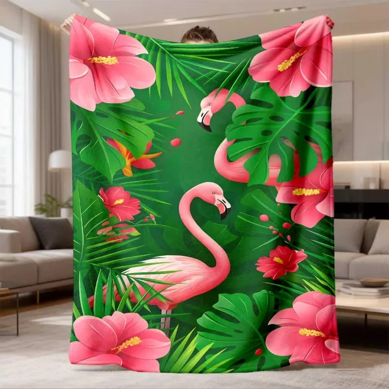 Tropical Flamingo Hibiscus Blanket Green Palm Leaf Print Soft Cozy Blanket Sofa Bed Beach Picnic Jungle Style Decor Blanket