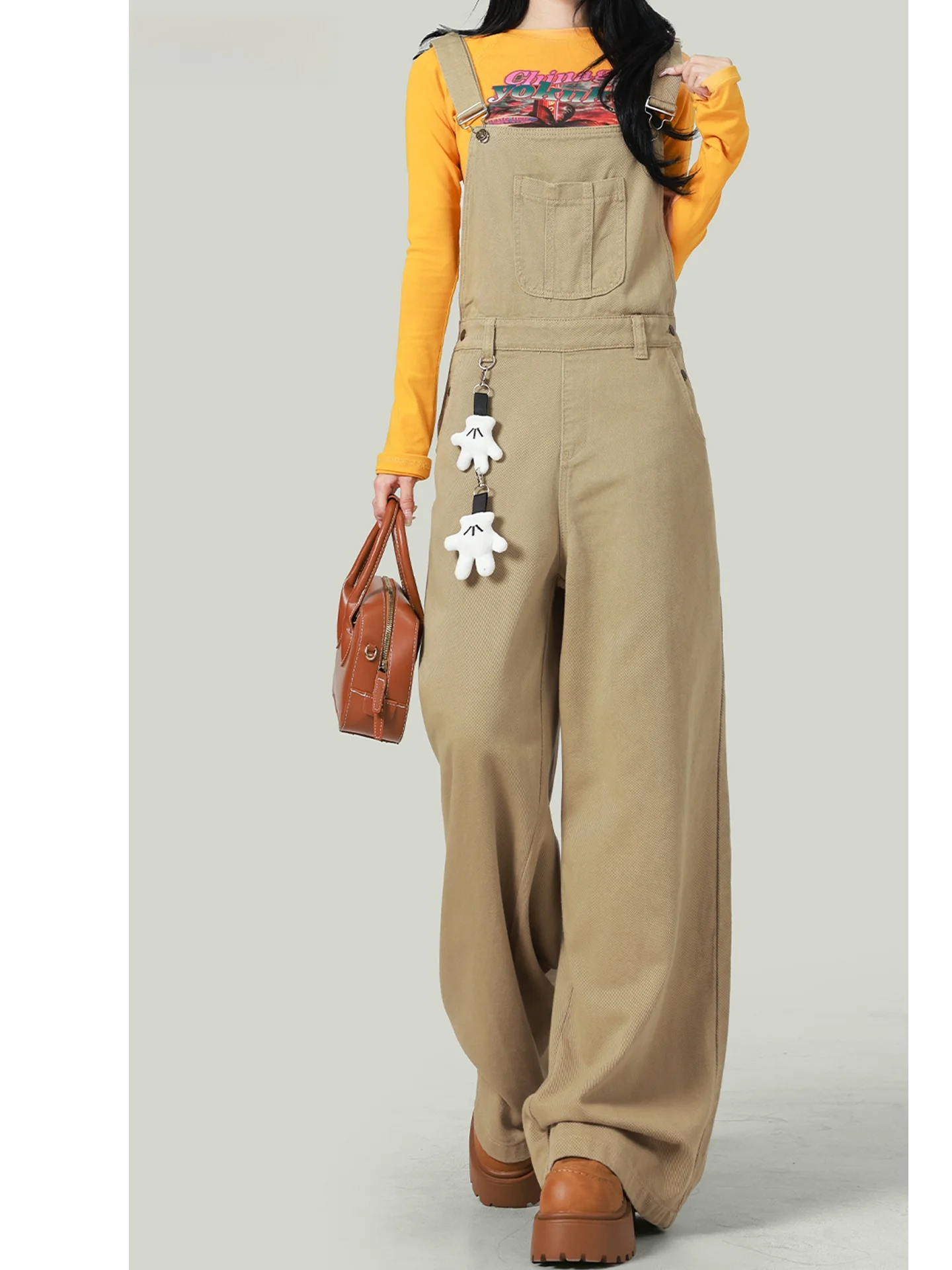 

Khaki Color Denim Overalls Women's Loose Wide Leg Jeans Summer Winter Casual Style Natural Waist Buckle Fastening Cotton Mate...