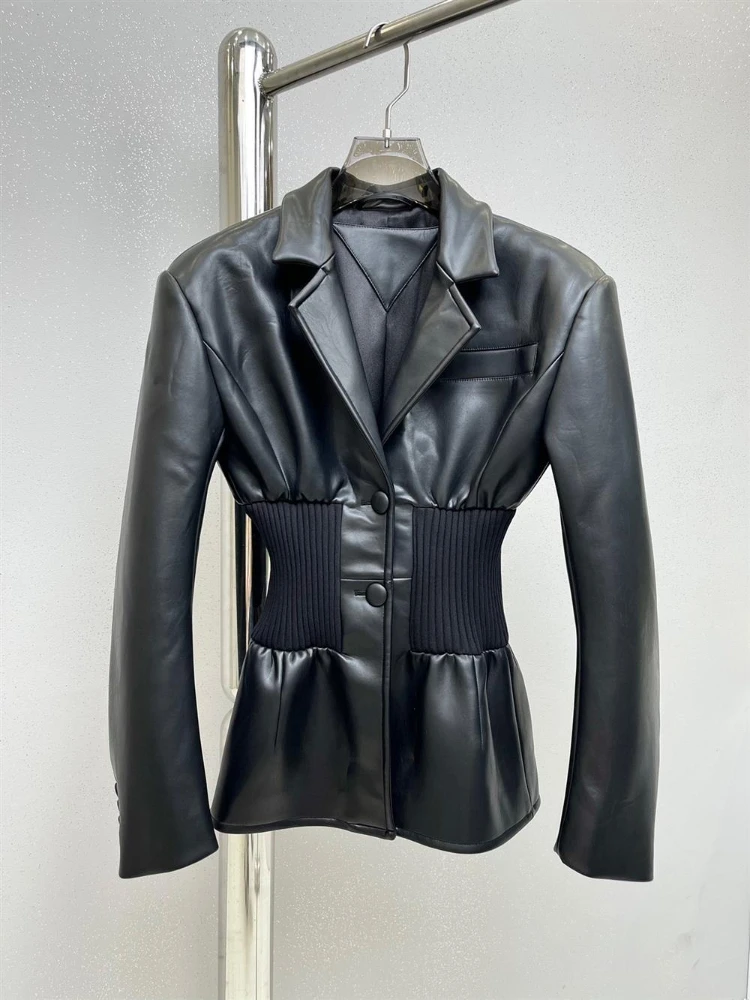 Chaqueta de cuero con costuras de PU para mujer, Blazer ajustado con contorno, color negro, moda urbana, Otoño e Invierno