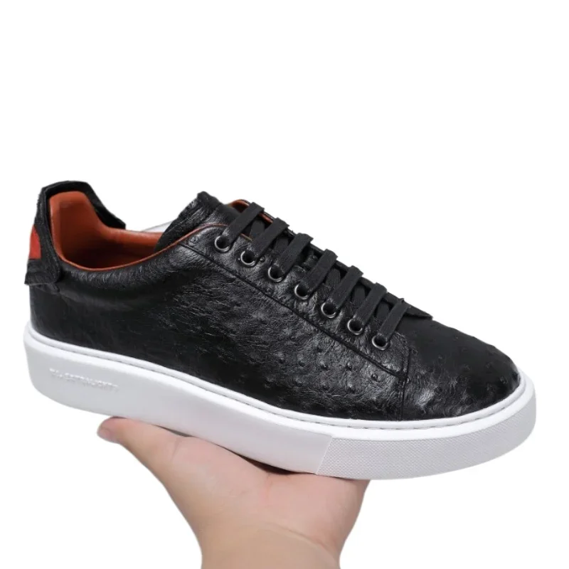 Ostrich Skin Korean Fashion Casual Sports Shoes For Men's Genuine Leather Handmad Comfortable Breathable Thick Platform Sneakers