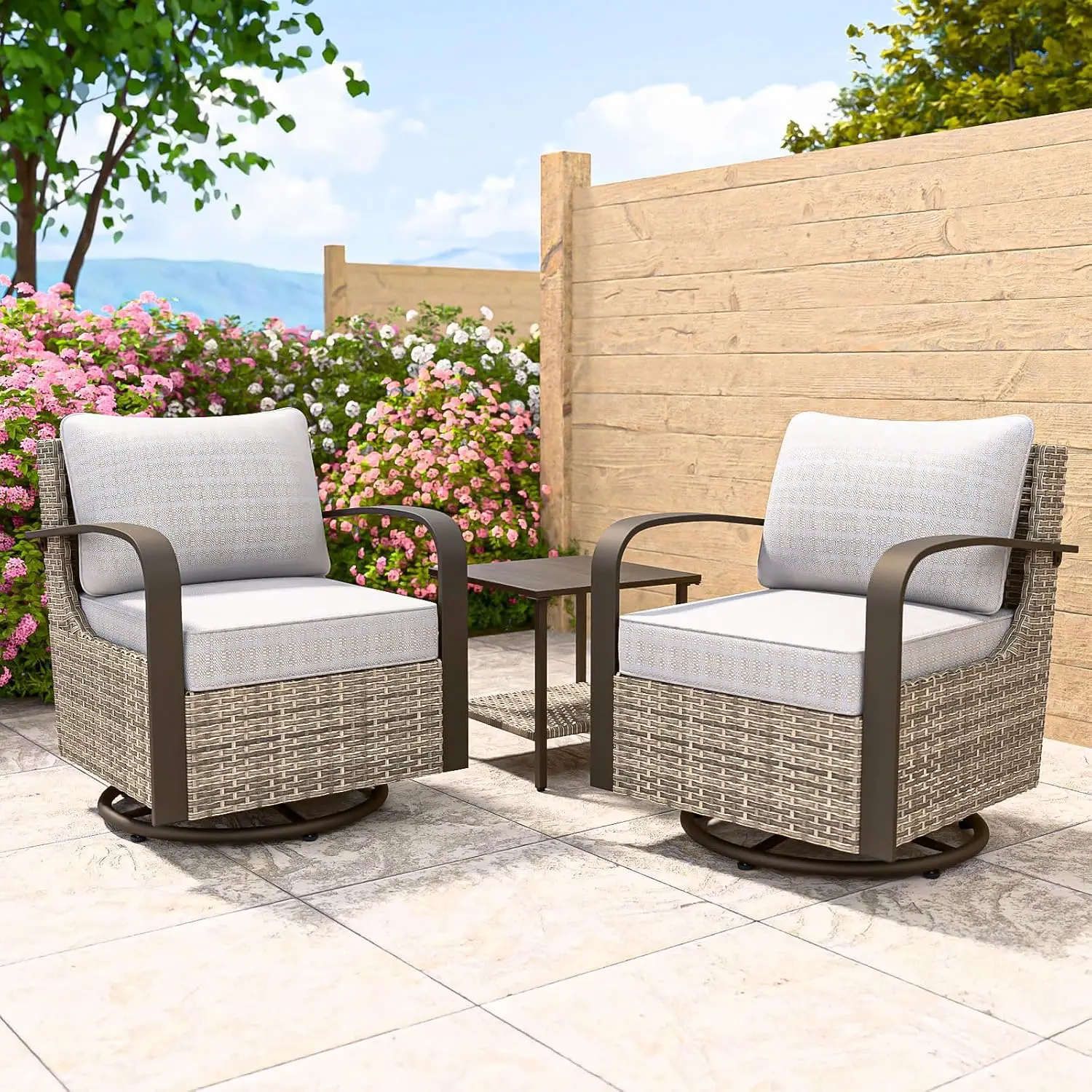 All-Weather Wicker 3-Piece Patio Bistro Set, Swivel Rocking Chairs & Side Table For Balcony Porch Garden, Beige, Customized