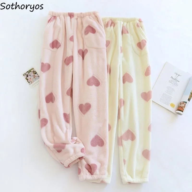 New Flannel Sleep Bottoms Women Heart Print Ankle Length Thick Warm Cold Proof Homewear Winter Sweet Lovely Female Cozy Soft