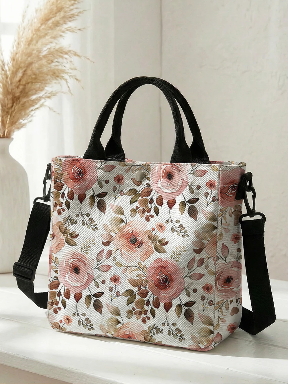 Watercolor Pink Rose Floral Canvas Tote Bag Detachable Strap Crossbody Handbag For Women Daily Shopping