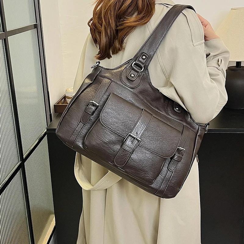 

Solid Color Large Capacity Women Tote Bag High Quality Soft Leather Female Handbag Luxury Vintage Women's Shoulder Crossbody Bag