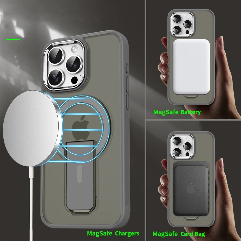 الفاخرة ل Magsafe للطي حامل المغناطيسي جراب هاتف آيفون 17 16 15 14 13 12 برو ماكس زائد ماتي شفافة الغطاء الخلفي قبعات
