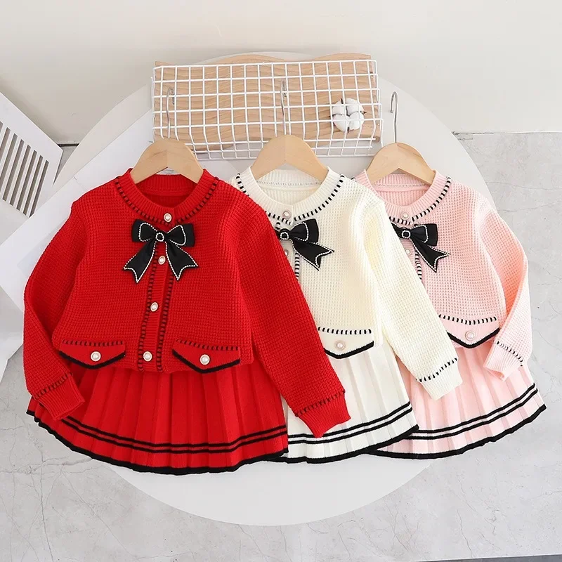 Girls Sweater Skirt Foreign Style Black Bow with Pockets Knitted Skirt Children Autumn Winter New Korean Version Kids Sets Skirt