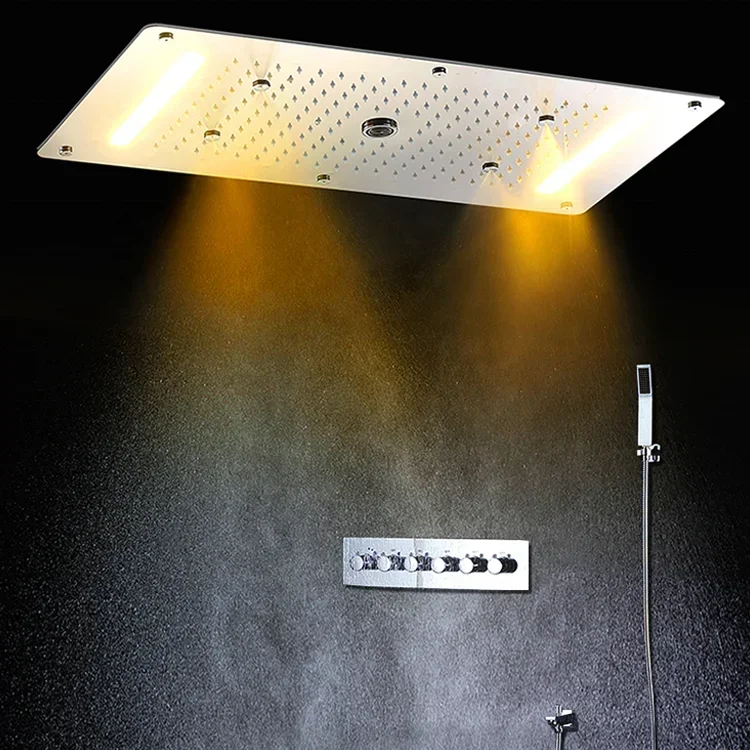 

Хм светодиодный термостатический душевой набор для ванной комнаты 380*700 мм дождевой водопад спа туман насадка для душа с набором для ручного душа