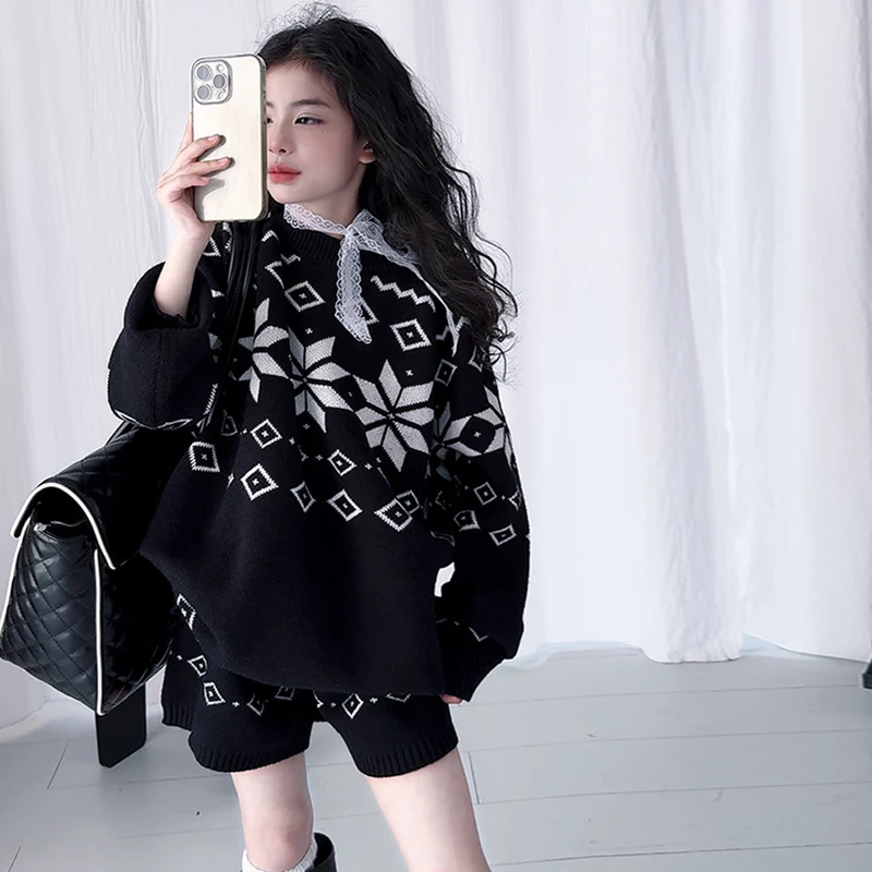 

Girl Clothes Set Size 4-14Y Child Sweater Top+Shorts Bottom Clothing Suit Kid Autumn Clothing Sets Toddle Girl Fair Isle Fashion