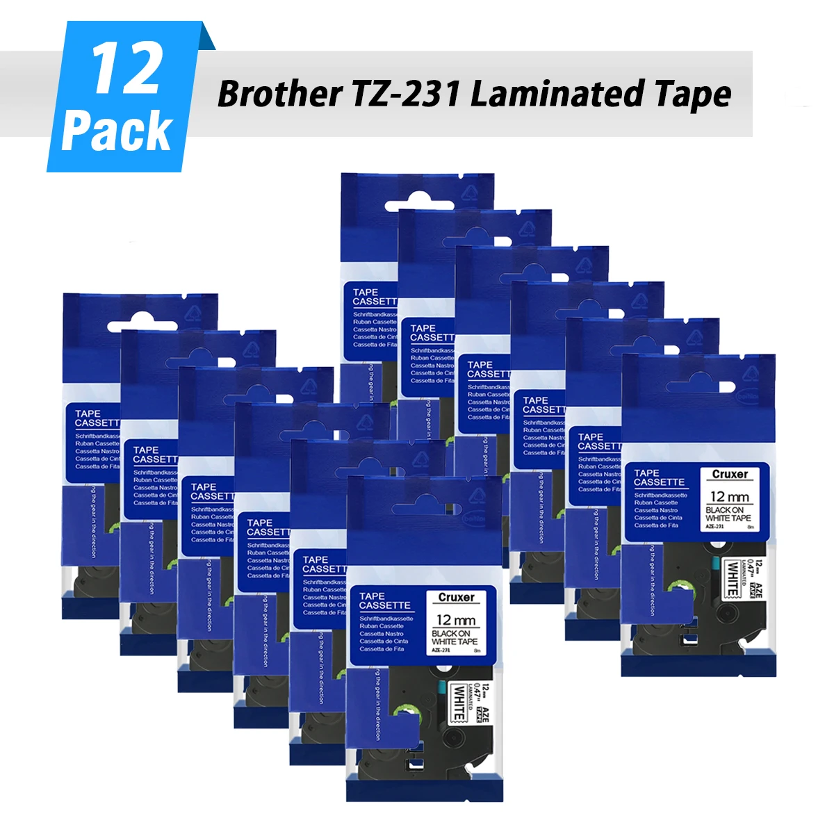 Cruxer 8/12/16/20PK Black on White Ribbon Brother Tze231 Tz-251 Label Tape Compatible for Brother PT-P750W PT-P900 Label Printer