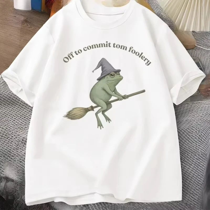 Funny Witch Frog T-Shirt Men Women Funny Halloween Cottagecore Tshirt Casual Round Neck Short Sleeve Man Clothes Streetwear