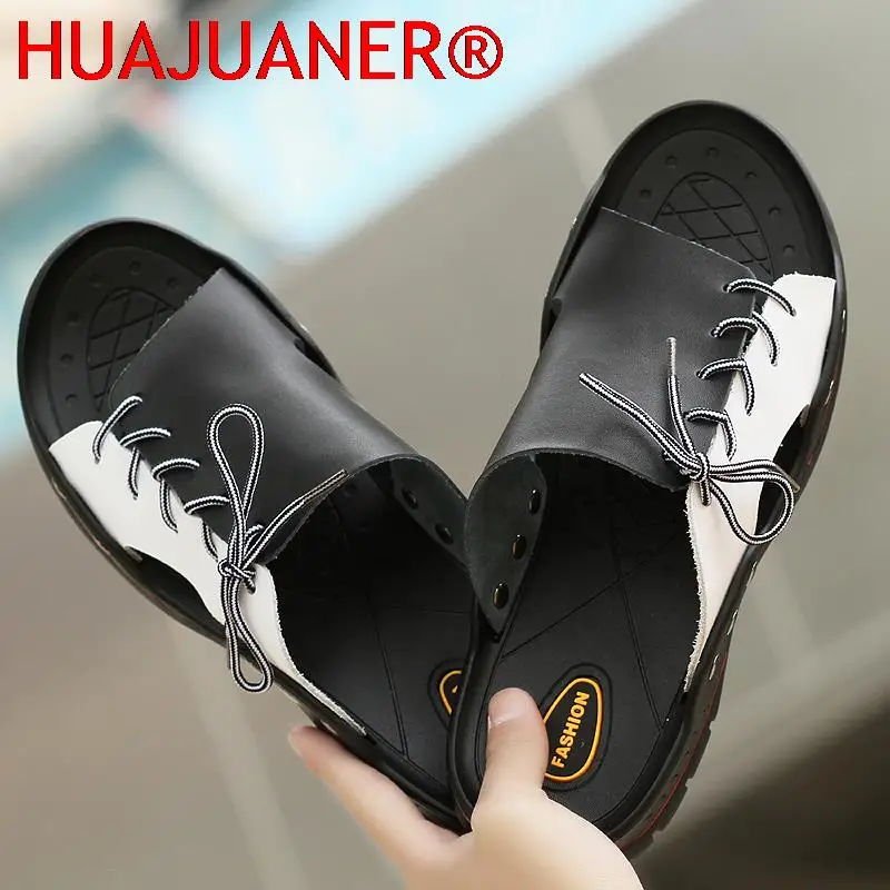 Zapatos antideslizantes de piel auténtica para hombre, a la moda Chanclas de playa, chanclas de Interior para el hogar, talla grande 38-48