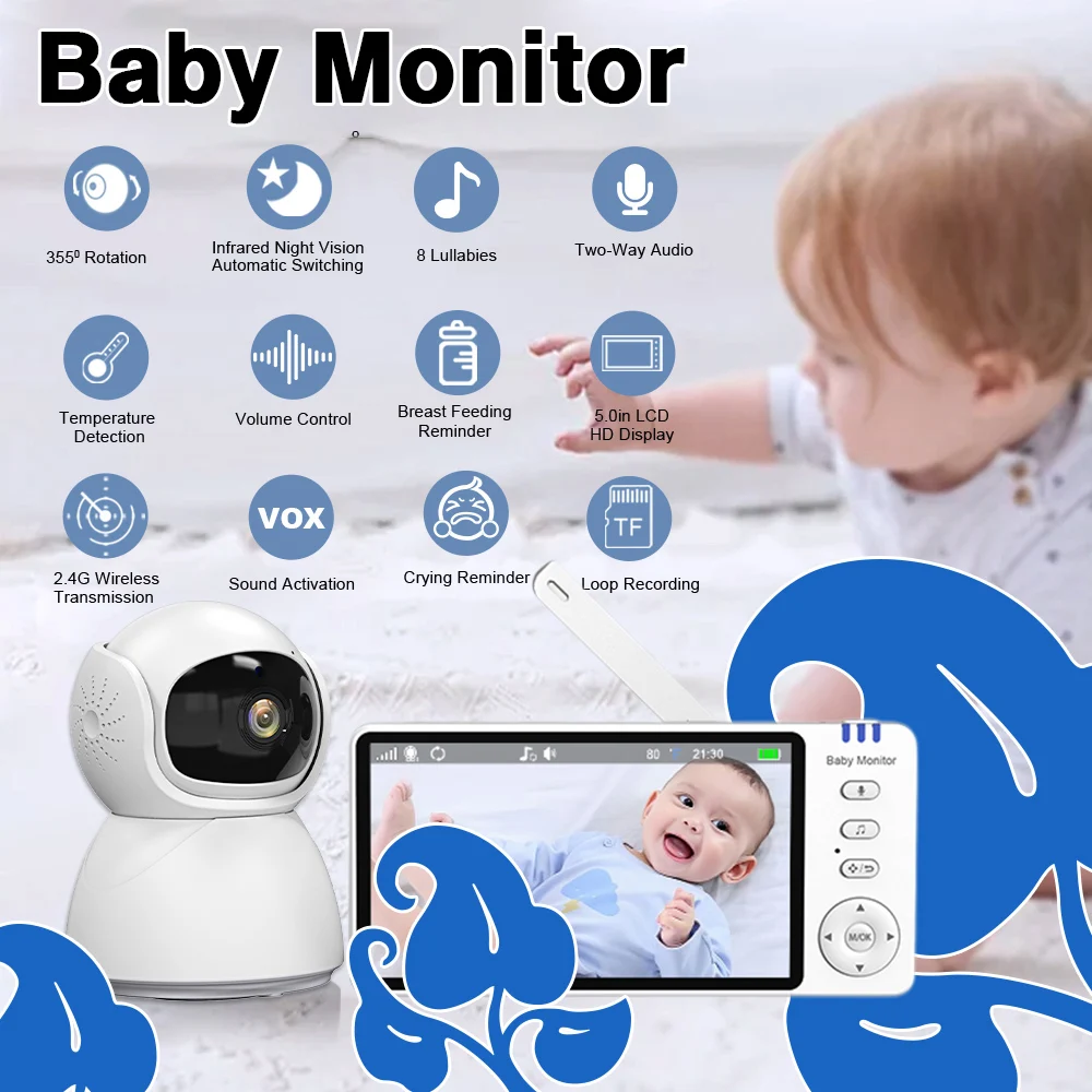 5 Inch Baby Monitor Video Baby Camera PTZ 2.4G FHSS Two Way Audio Night Vision Temperature Sensor Lullaby Cry Feeding Reminder