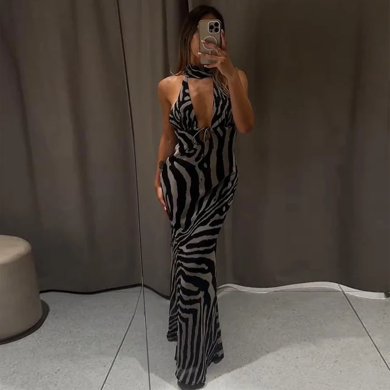 Zebra-Bedrucktes Neckholder-Maxikleid für Damen, Sexy, Ärmellos, Rückenfrei, Tailliert, Hüftbetont, Schlankes Abendkleid, Elegante Damenroben – Detail 15