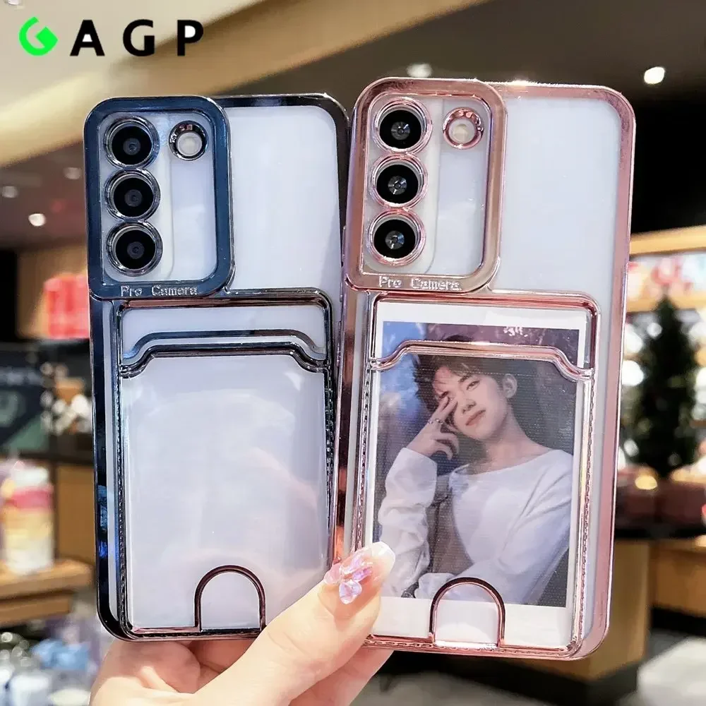 Photo Card Slot Plating Case For Samsung Galaxy S24 S25 S22 S21 S23 Ultra Plus A52 A53 A22 A12 A13 A32 A51 A55 Transparent Cover