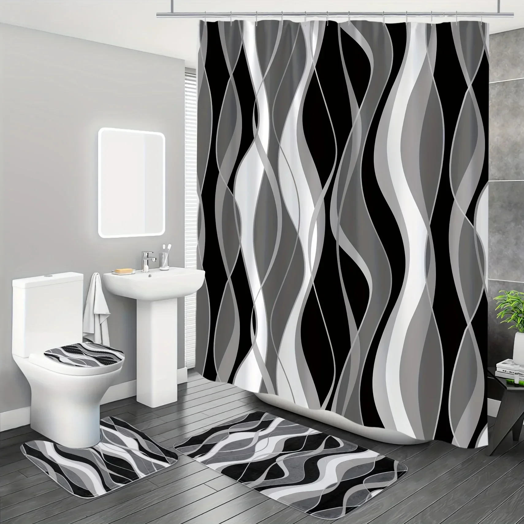 1pcs Chic Abstract Grey Lines Shower Curtain Set - Durable Waterproof Design Versatile Decor for Modern Bath Space