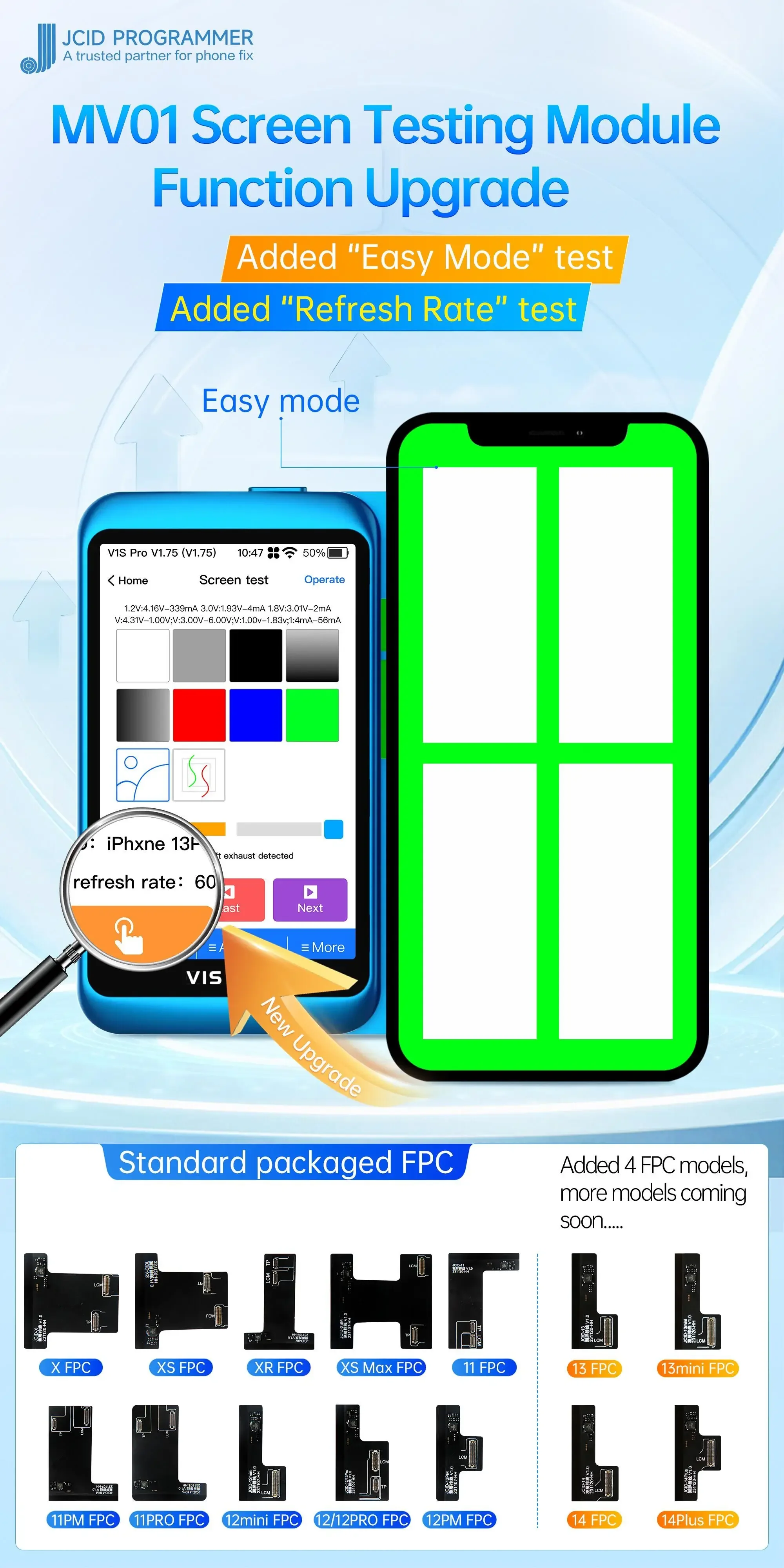 Tela JCID V1S PRO MV01 Testing Module, Repair Tool Set, Display Touch, Full Function Módulo de Teste para iPhone, Xiaomi, Huawei, 7-15PM