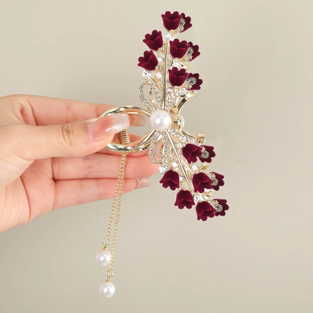 11.5cm Lily Of The Valley Bouquet Tassel Clip Golden Hair Claw Hair Clips Red Festival Ponytail Hair Crabs Fashion Accessories