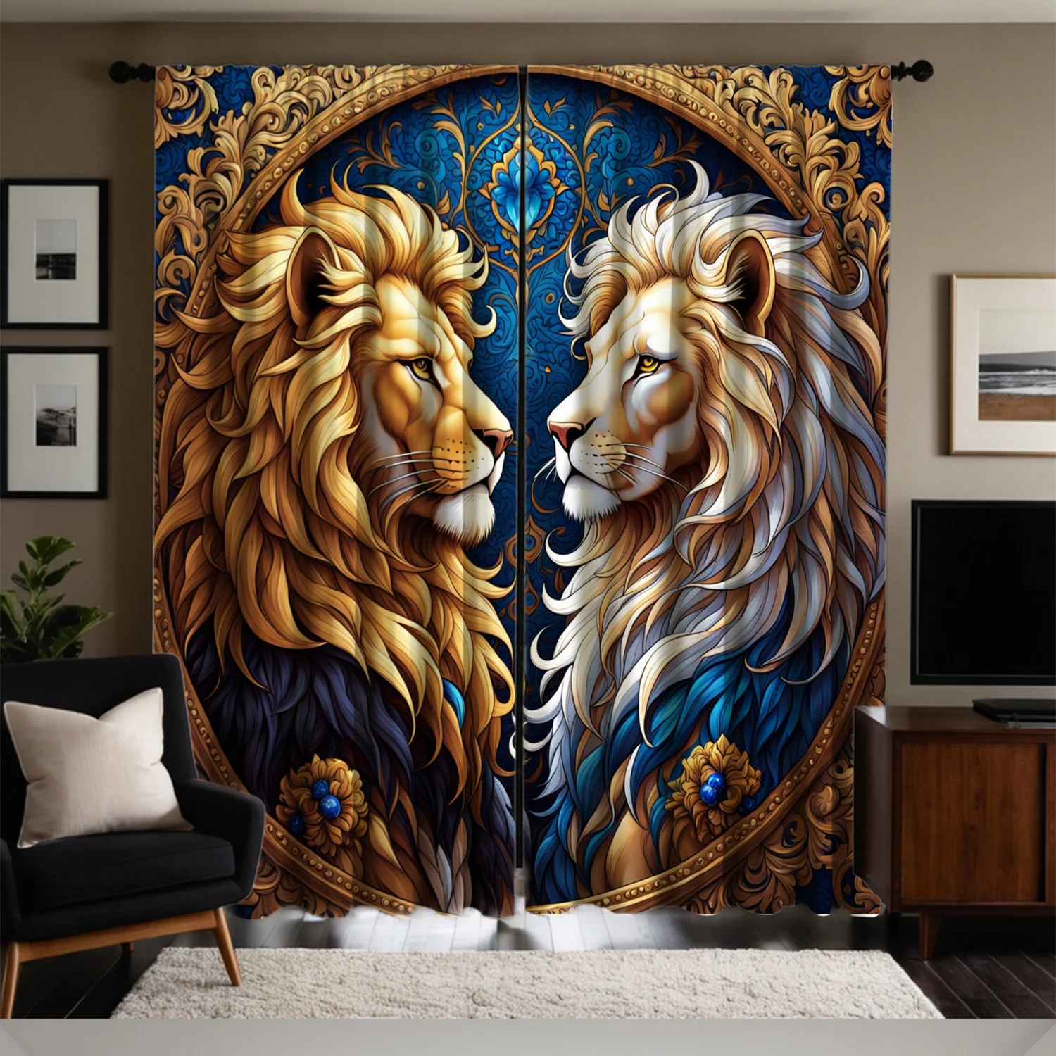 Golden Lion Blackout Curtains 2pcs, Blue Background with Gold Accents Semi-Transparent Polyester for Living Room Bedroom Decor