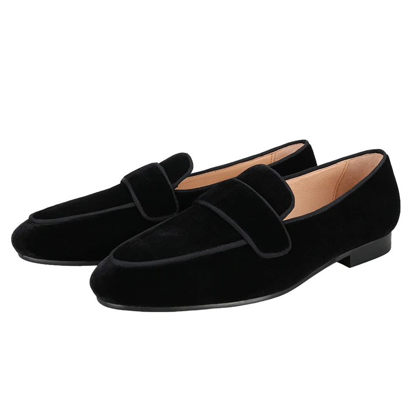 Piergitar Black Color Velvet Slip-On Loafers Can Be Worn Casual Or Formal Handmade Smoking Slippers Breathable Leather Insole