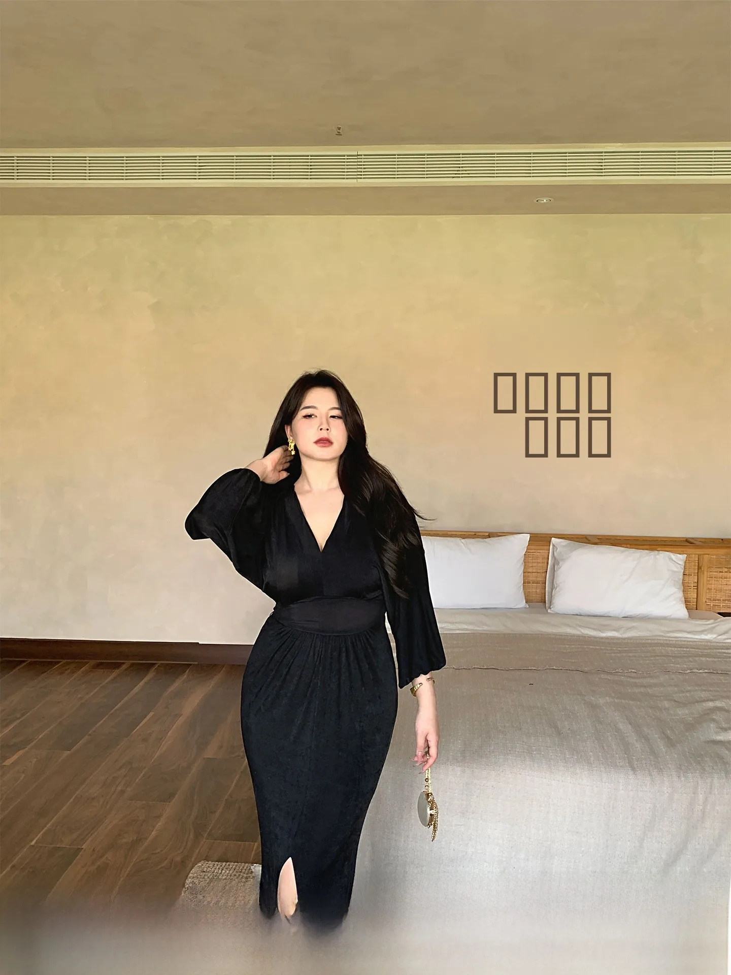 

Новое осеннее платье ML Jasmine больших размеров с V-образным вырезом и разрезом, черное, красивое, для женщин больших размеров