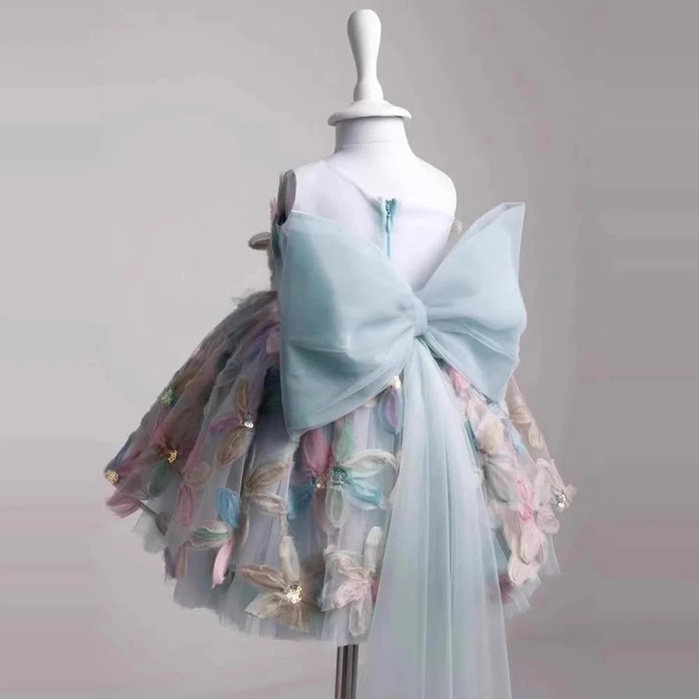 

Customized Blue Flower Girl Dress For Wedding Bowknot Appliques Sleeveless High Waist Elegant Kids Birthday First Communion Gown