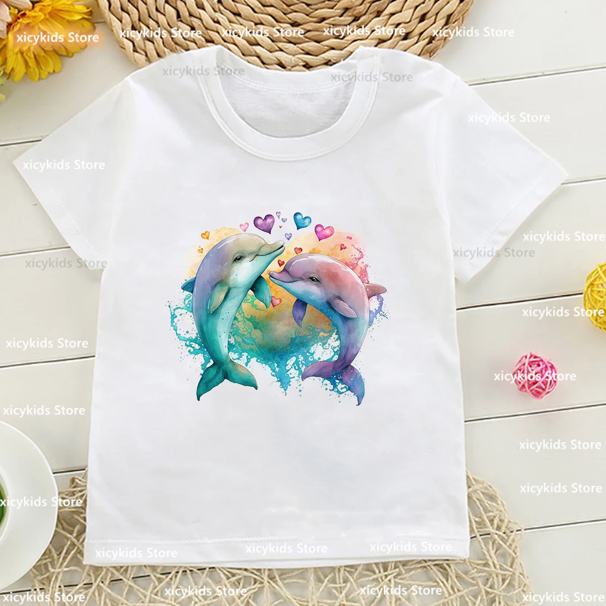 New Kids Tshirts Funny Dolphin Graphic Print Girls T-Shirts Fashion Cute Baby Tshirt Summer White Short Sleeve Tops Wholesale