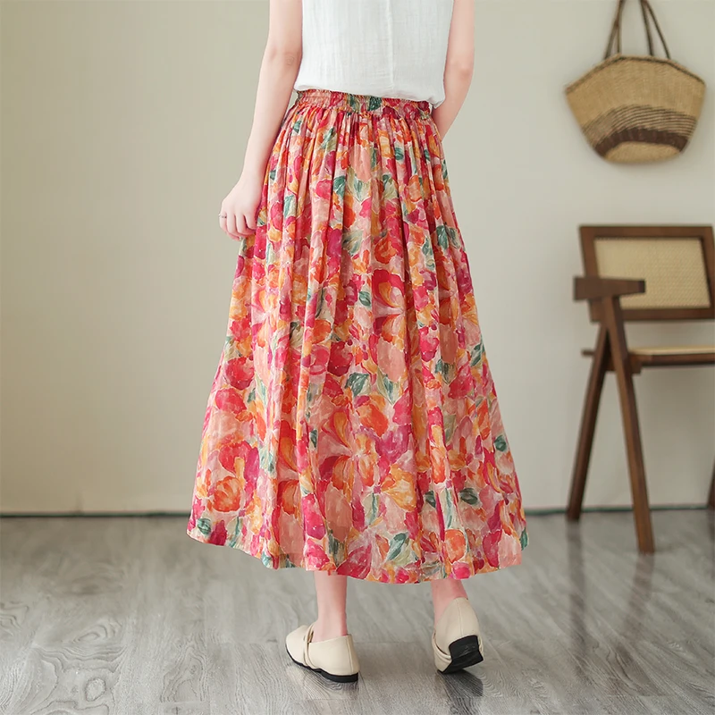 กระโปรงผ้าลินินพิมพ์ลายระบบป่าแบบเรโทรสำหรับผู้หญิง กระโปรงทรงเอเข้ารูปเอวสม็อคยืดหยุ่น ช่วยให้ดูผอมเพรียว เหมาะสำหรับฤดูร้อน ช่วยลดเลือนริ้วรอย