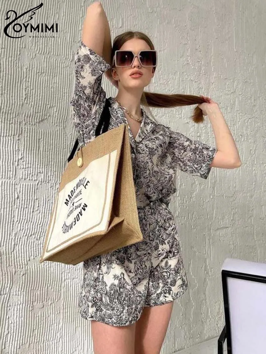 Oymimi Elegant Khaki Print Women 2 Piece Set Outfit Fashion Lapel Half Sleeve Button Shirts And High Waist Shorts Set Streetwear