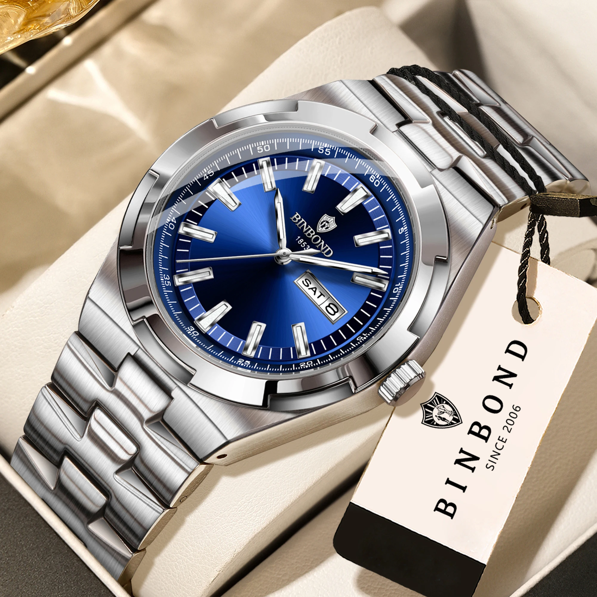 BINBOND Waterproof Quartz Watch For Men Auto Date Week Display Luminous Men's Watches Orginal Luxury Reloj Montres Hommes +Box