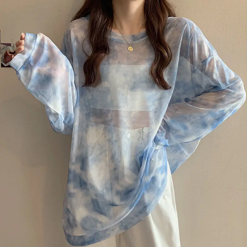 2024 Summer Round Neck Mesh Women\'s Top New Simplicity Loose Tie Dyed Long Sleeved T-shirt for Women Piece Women\'s Clothing