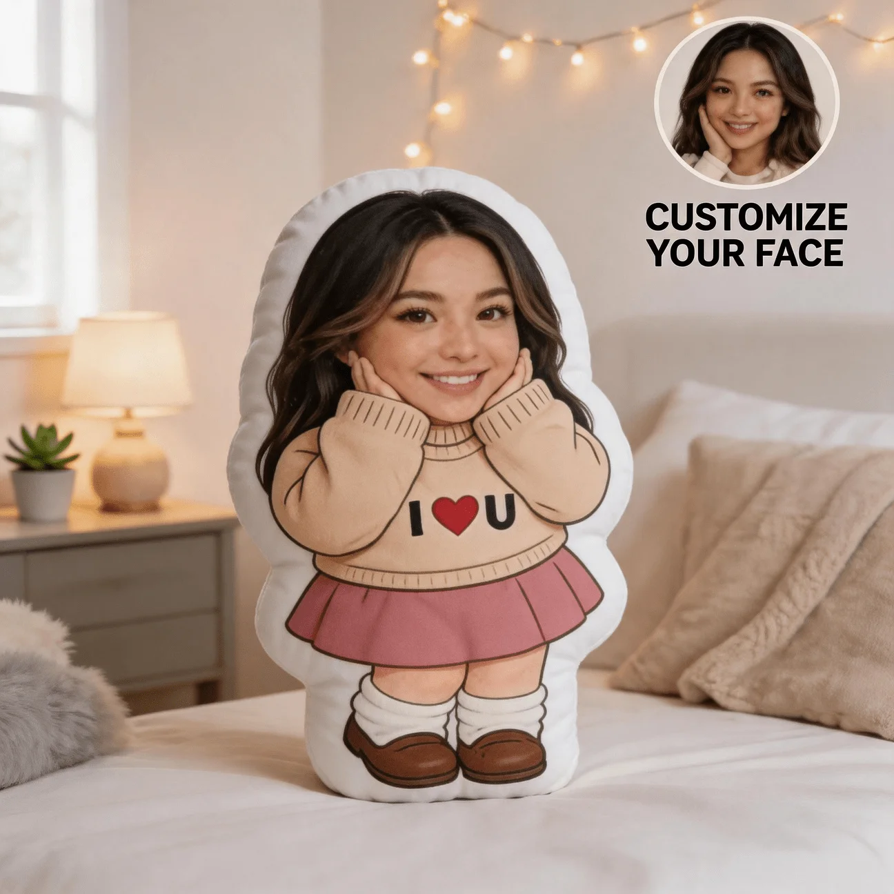 Custom Personalized Photo Face Pillow, Cute Character Style Custom Shaped Decorative Cushion, 60CM Large Size Home Decor Accent