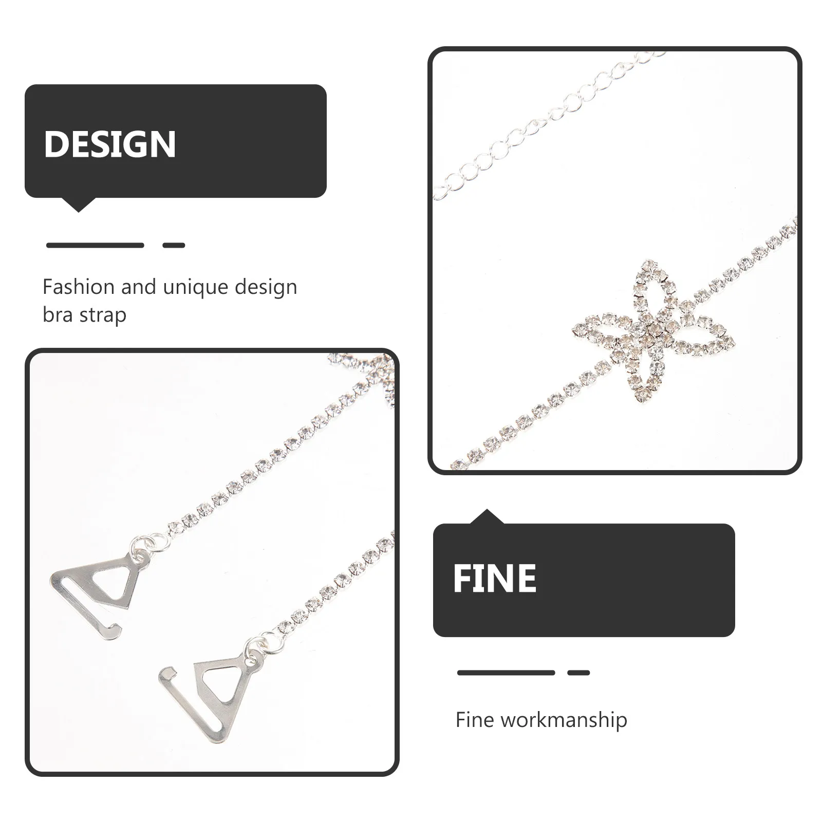 1Pair Adjustable Bra Straps Butterfly Rhinestone Decorative Bra Chain Straps Elegant Comfortable Easy Fit Evening Dress Matching view 3