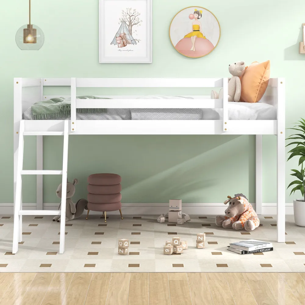 Kinderbedden Twin size houten laag hoogslaper met ladder, ladder kan links of rechts geplaatst, grijs kinderbed stapelbedden voor kinderen