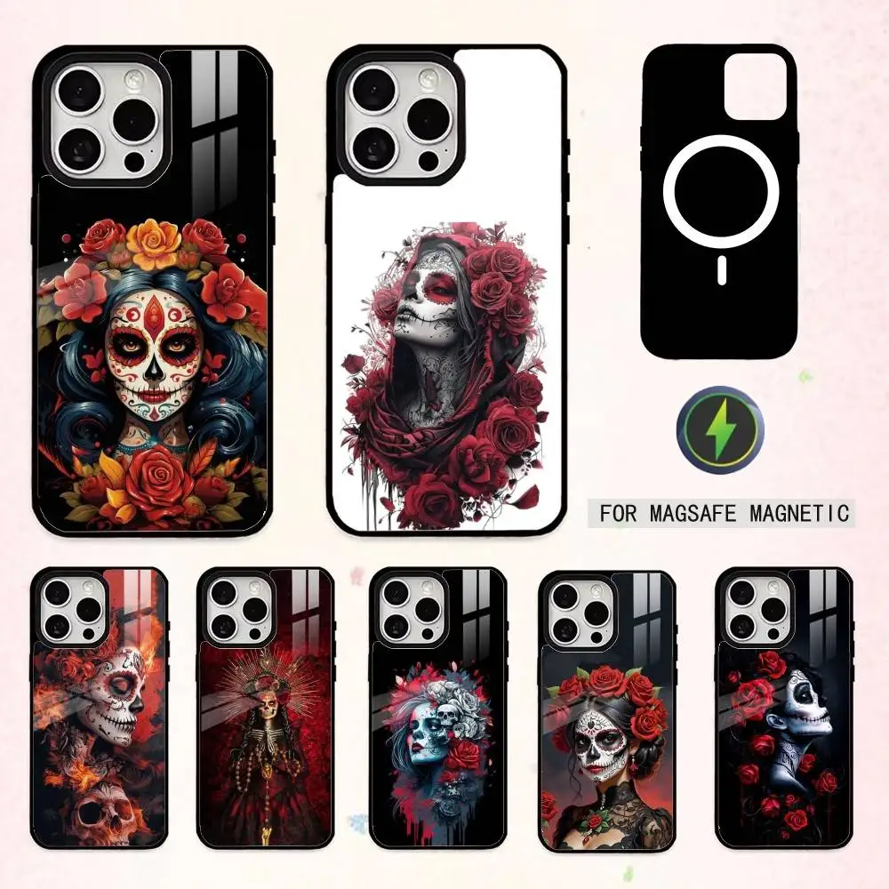 

M-Mexican A-Art Skull Girl Phone Case For iPhone17,16,15,14,13,12,11 Plus,Pro Max Magnetic For Magsafe Wireless Charging