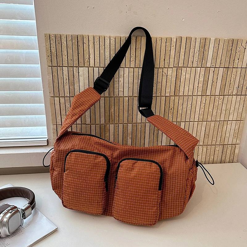 Women Grid Waterproof Nylon Crossbody Bag Large Capacity Multi Pocket Adjustable Strap Casual Daily Shoulder Bag