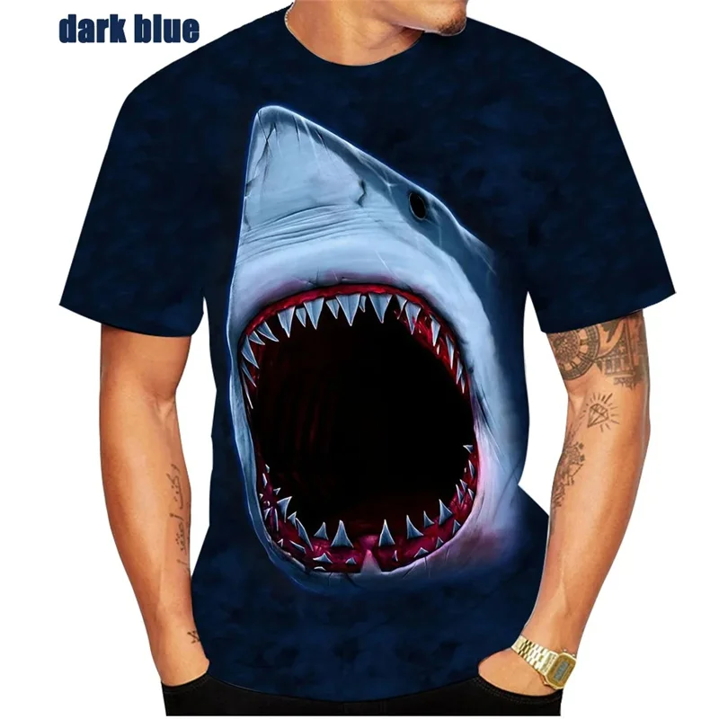 Camisetas de talla grande con estampado 3D de animales del océano, camisetas informales a la moda con cuello redondo, camisetas de calle de manga corta, camiseta de tiburón Horrible para hombres