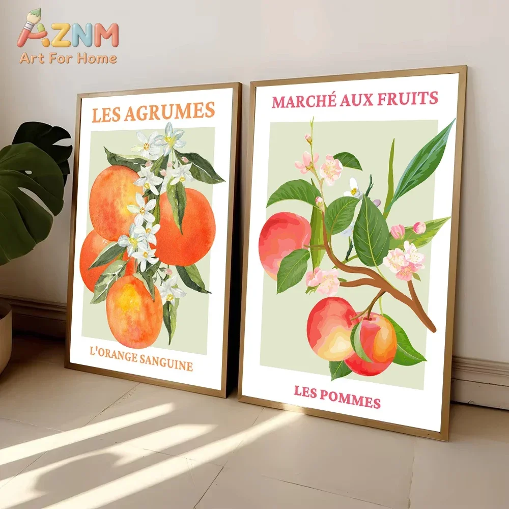 AZNM French Citrus Fruit Canvas Wall Art, Vintage Market Orange Lemon Botanical Art Print, Unframed Canvas Painting for Kitchen
