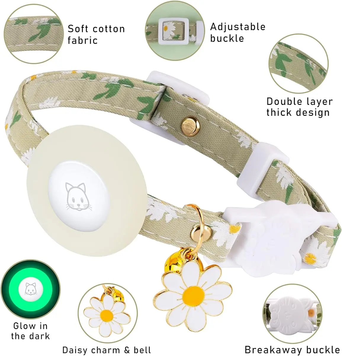 AirTag Cat Collar with Watertight  Airtag Holder and Safety Buckle, with Flower Charm & Bell for Girl Boy Cats Kitten Gatos Pet