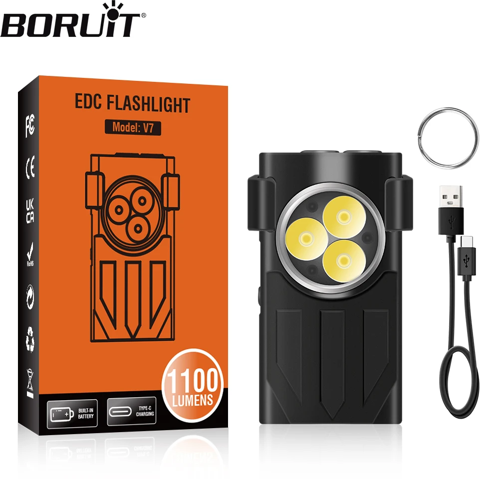 Boruit v7 led edc chaveiro lanterna tipo-c recarregável portátil luz de trabalho mini tocha com clipe de acampamento uv lanterna de bolso