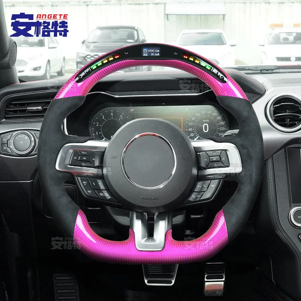 

Applicable to:Suitable for Ford Mustang pink carbon fiber flip fur LED smart car hand sewn steering wheel modification custom