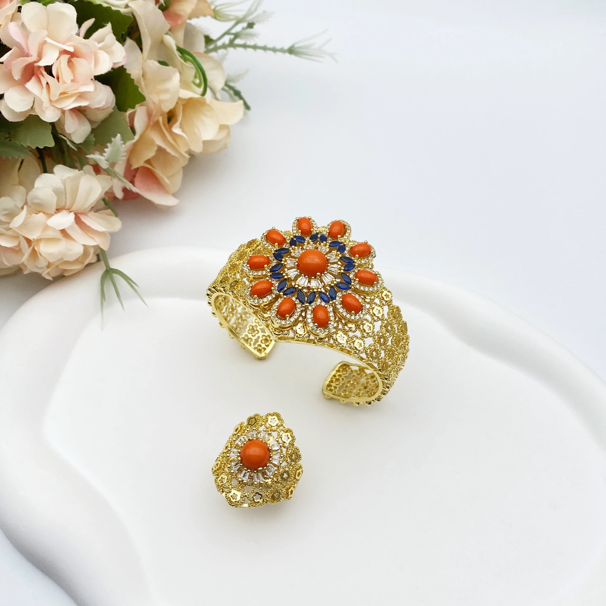 

Flora Luxury Dubai Style Zircon Bracelet Ring Set Gold Plated 2Pcs Party Jewelry for Arab Women Daily