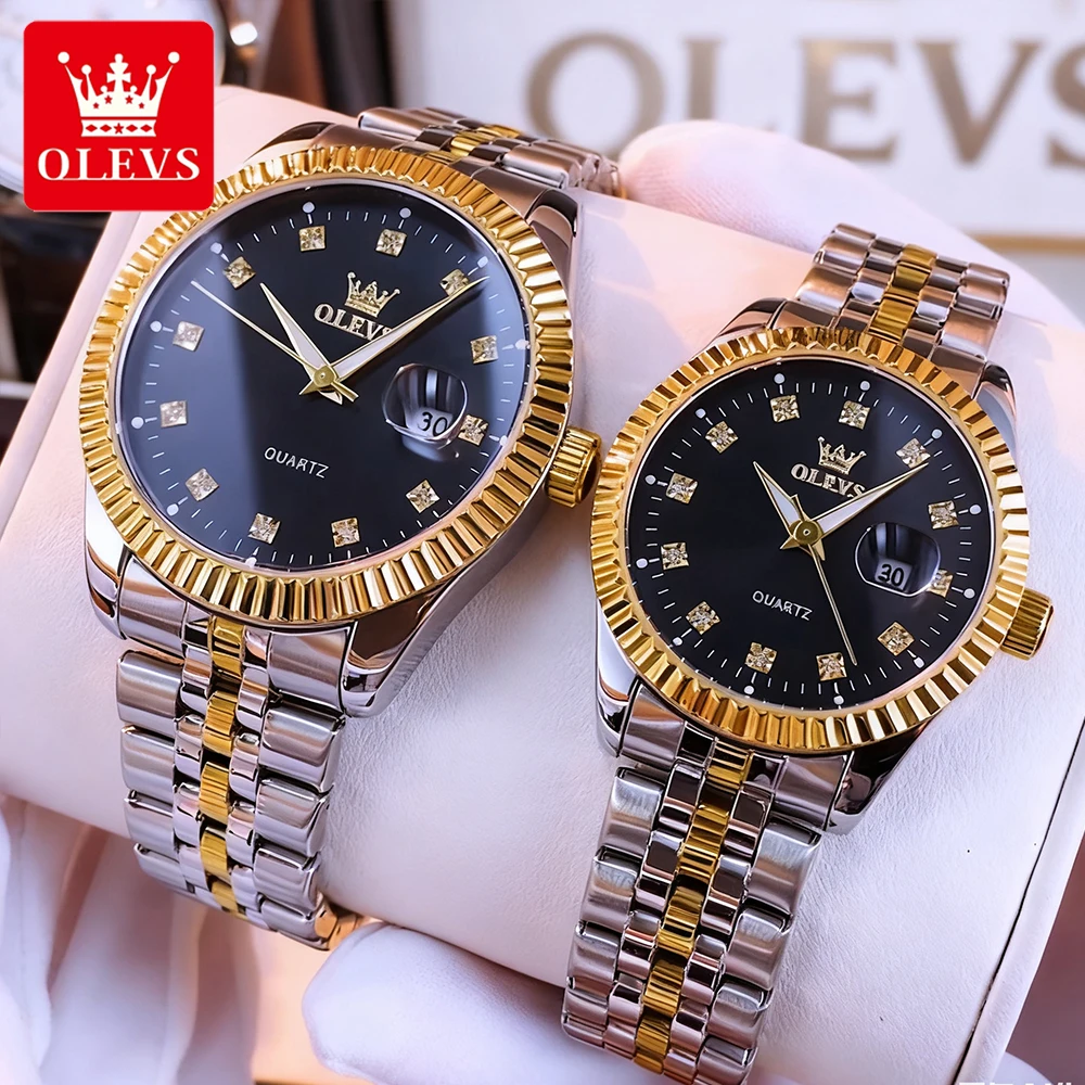 Olevs luxo casal relógios marca superior de aço fino original quartzo relógio pulso para amante à prova dwaterproof água luminosa data moda novo 5520