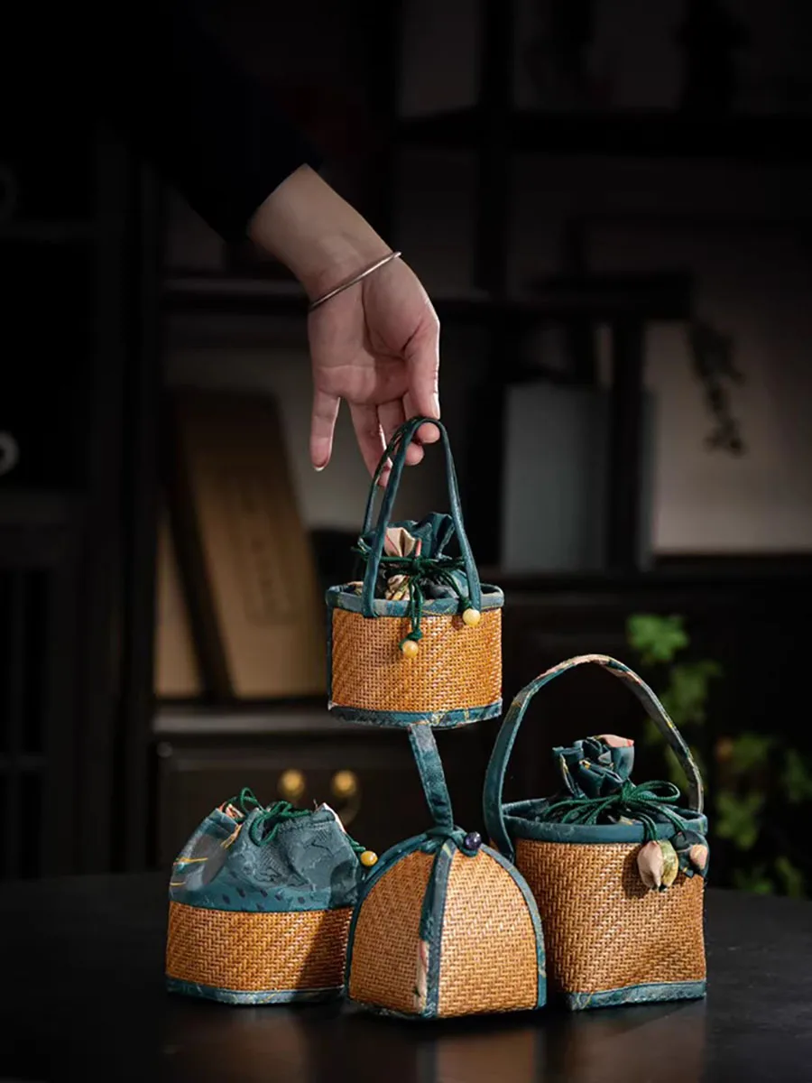 

Rattan Pattern Small Bag Square Travel Outdoor Cover Bowl Portable Organizer Owner's Cup Teapot Bag Spliced Drawstring Pocket